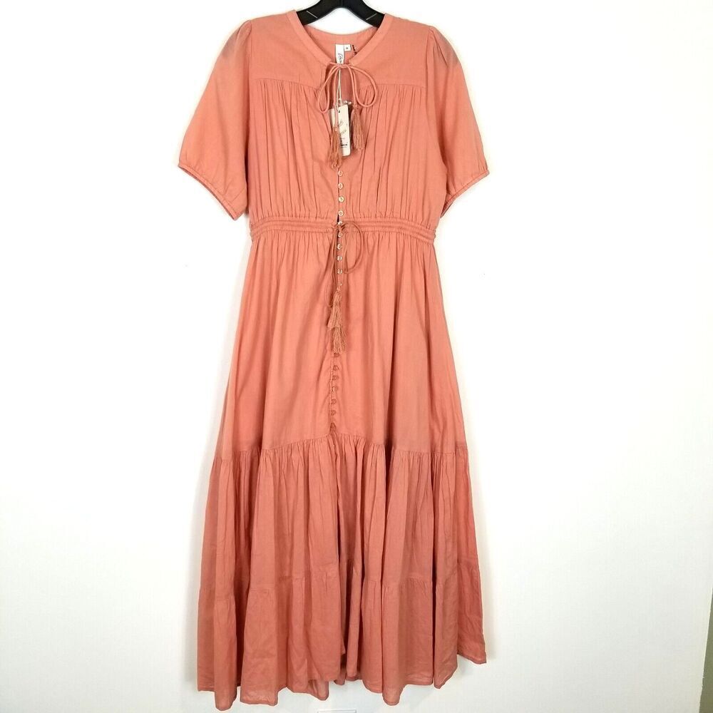 Elan Women Lined Maxi Dress Sz M Peach Tassel Short Sleeve Cottage Boho Beach